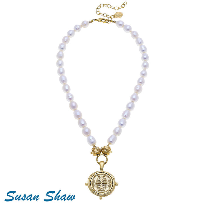Susan Shaw Gold Multi Cross Pendant on Genuine Freshwater Pearl Necklace
