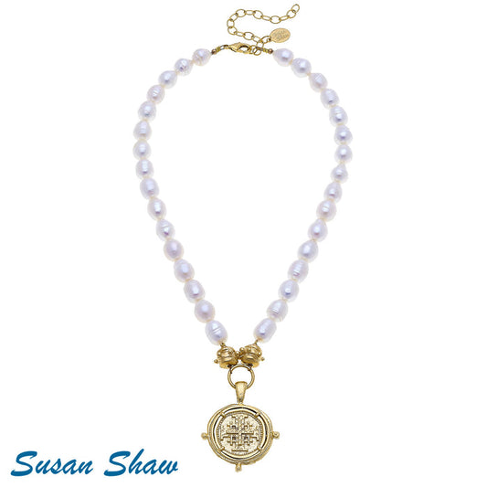 Susan Shaw Gold Multi Cross Pendant on Genuine Freshwater Pearl Necklace