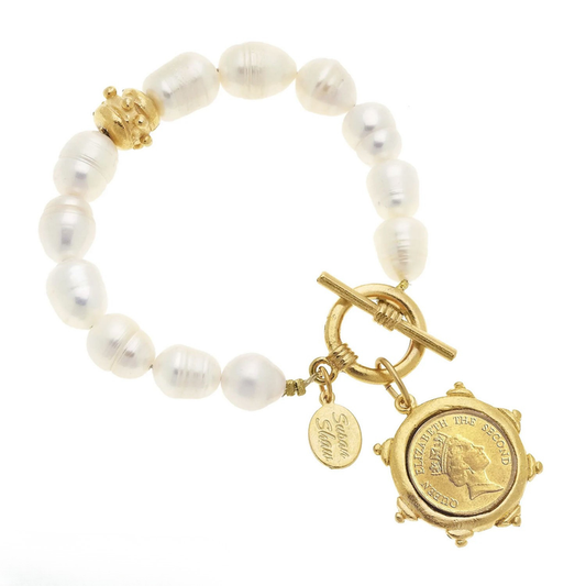 Susan Shaw Gold Queen Coin Freshwater Pearl Toggle Bracelet
