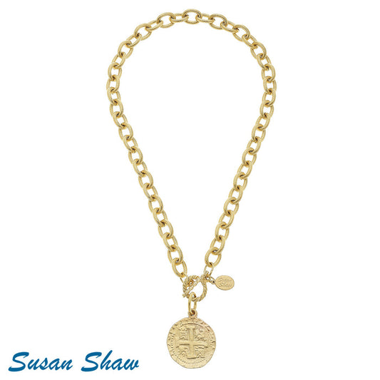 Susan Shaw Handcast Gold Coin Toggle Necklace