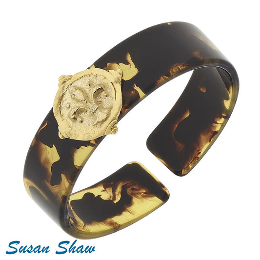 Susan Shaw Handcast Gold Fleur de Lis on Tortoise Cuff