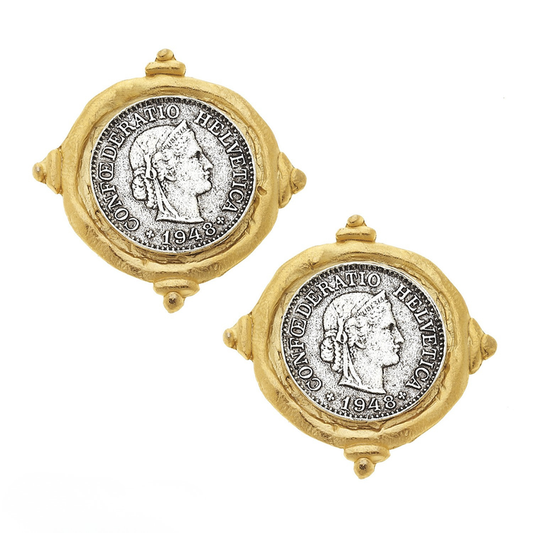 Susan Shaw Mixed Metal French Franc Coin Stud Earrings