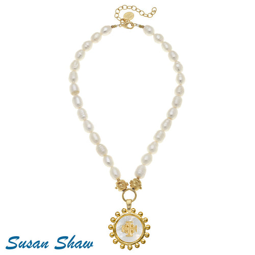 Susan Shaw Mother of Pearl Jerusalem Cross Necklace on Freshwater Pearls