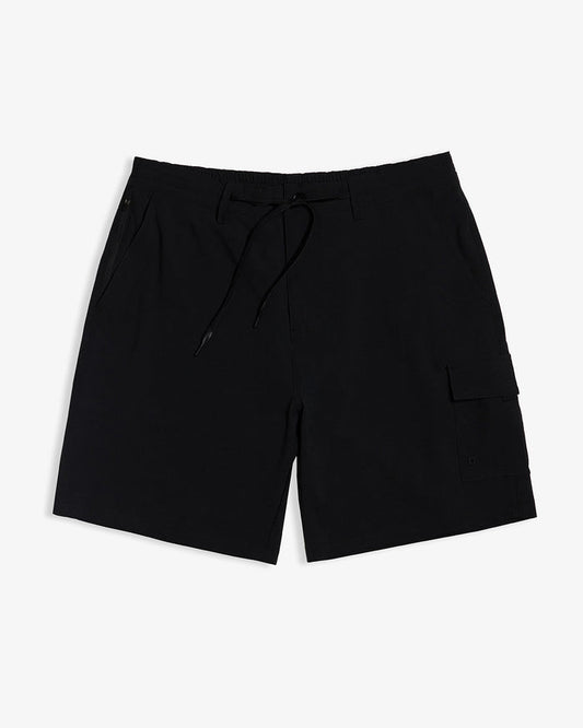 The Board Shorts in black — front view showing the drawstring and cargo pocket