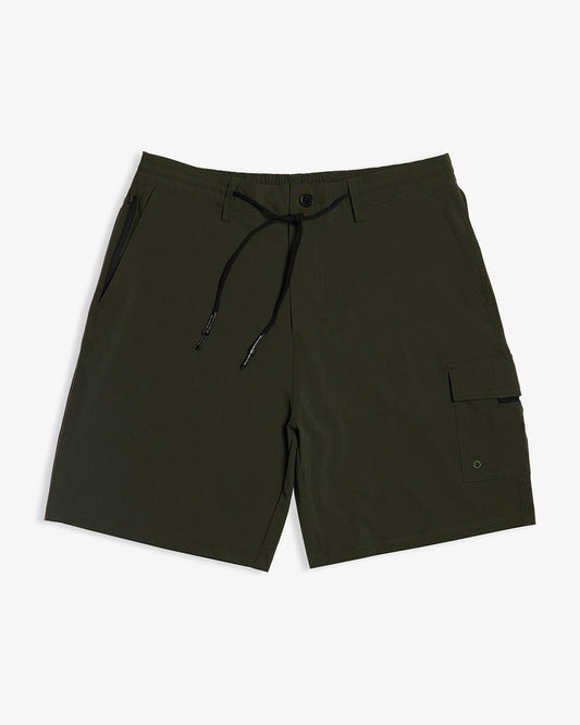 The Board Shorts in khaki — front view showing the black drawstring and side cargo pocket