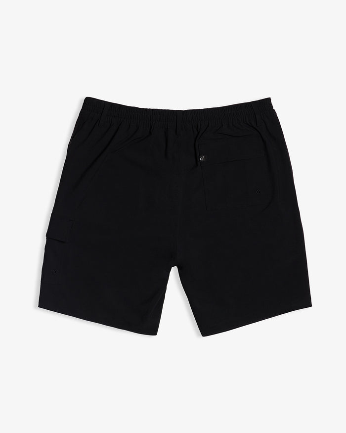 The Board Shorts in black — back view featuring the rear pocket and elasticated waistband