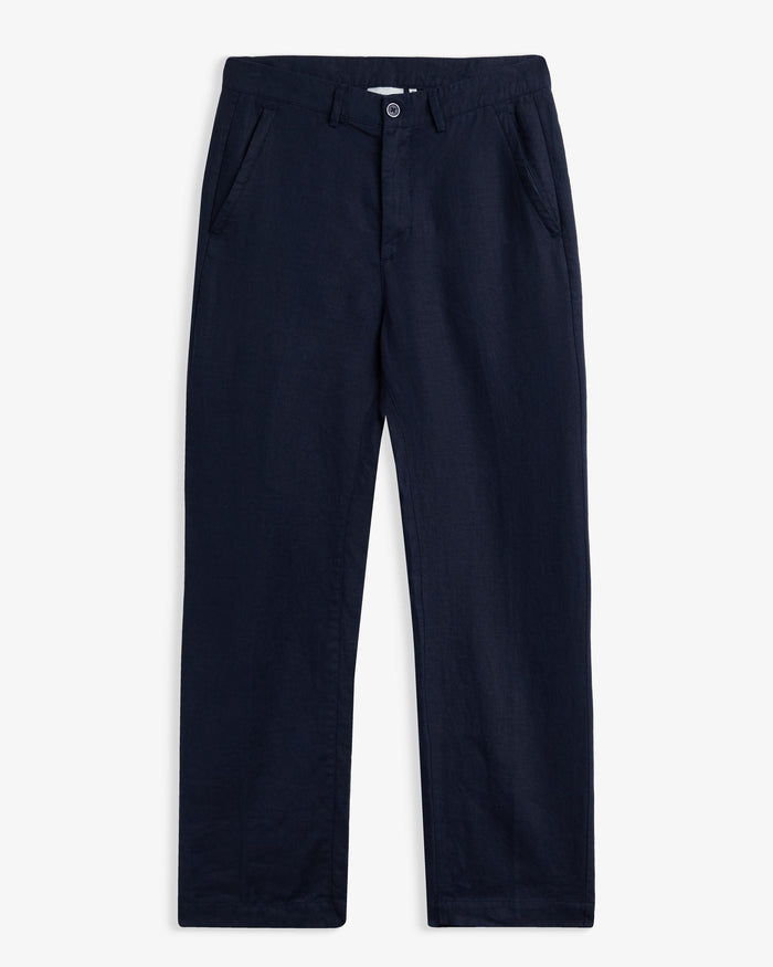 The Daily Linen Trouser in navy — front view showing the straight leg silhouette