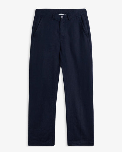 The Daily Linen Trouser in navy — front view showing the straight leg silhouette