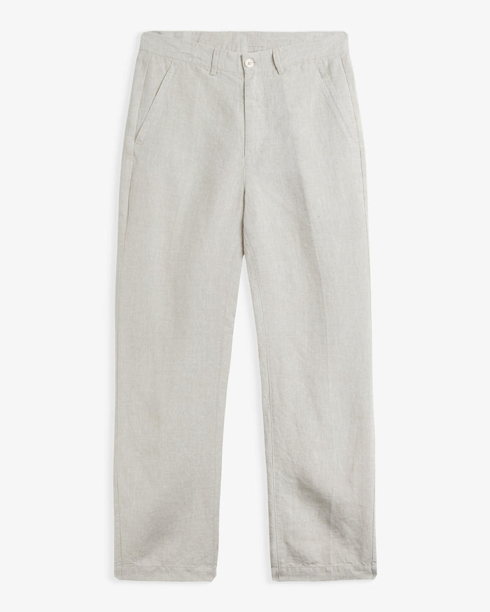 The Daily Linen Trouser in natural — front view showing the straight leg silhouette