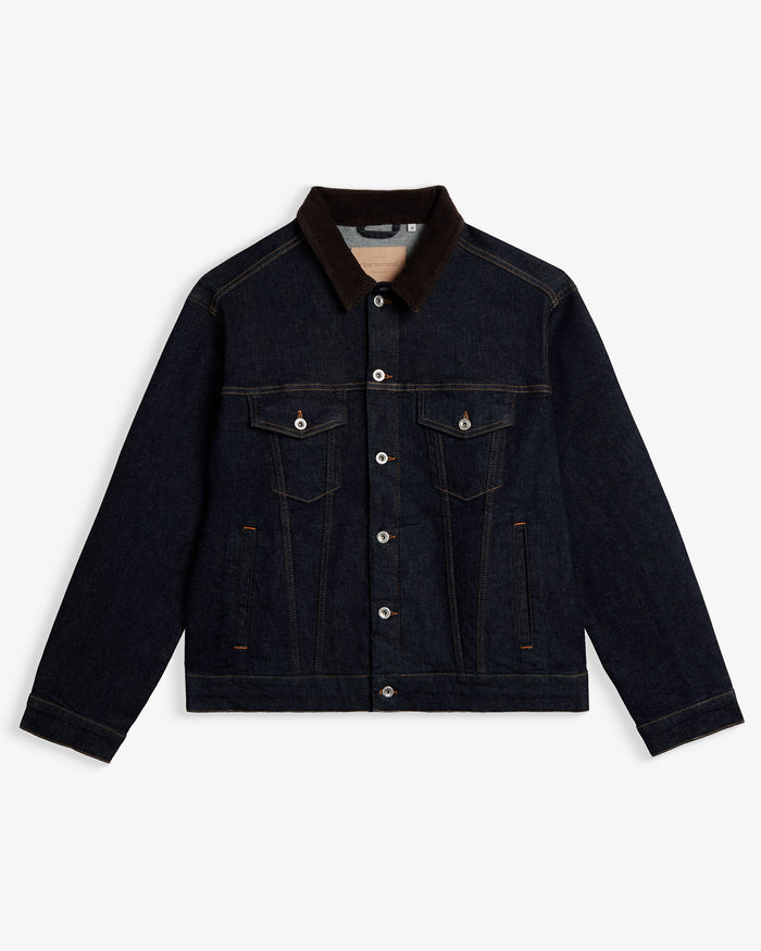 The Denim Jacket in rinse blue — featuring a contrasting brown corduroy collar