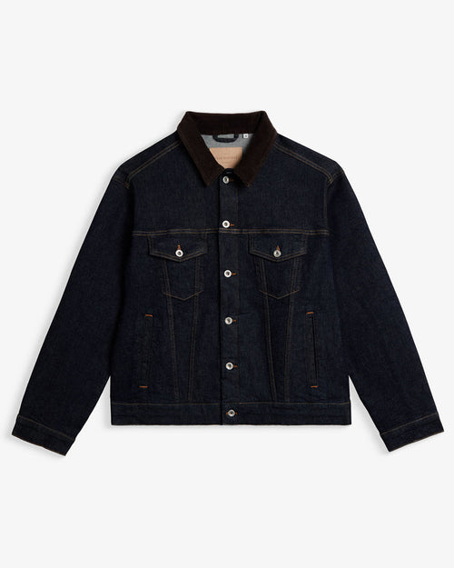 The Denim Jacket in rinse blue — featuring a contrasting brown corduroy collar