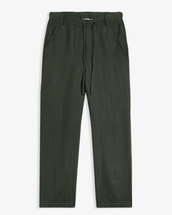 The Holiday Linen Trouser in dark khaki — front view against a white background