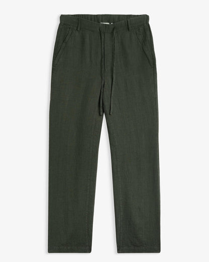 The Holiday Linen Trouser in dark khaki — front view against a white background