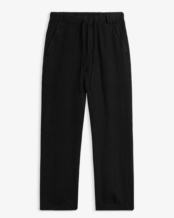 The Holiday Linen Trouser in black — front view showing the drawstring waistband