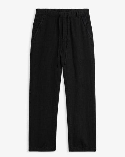 The Holiday Linen Trouser in black — front view showing the drawstring waistband