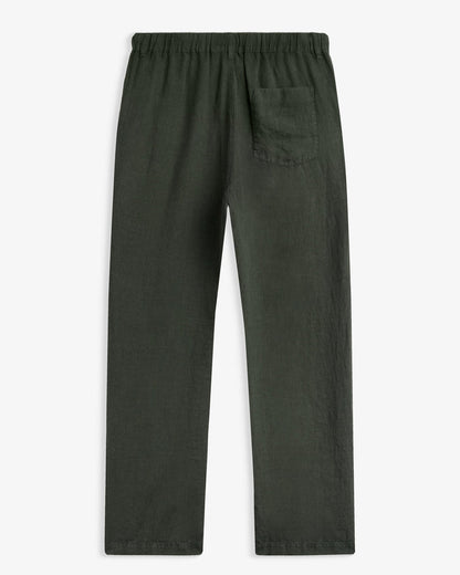 The Holiday Linen Trouser in dark khaki — back view with elastic waistband and single pocket