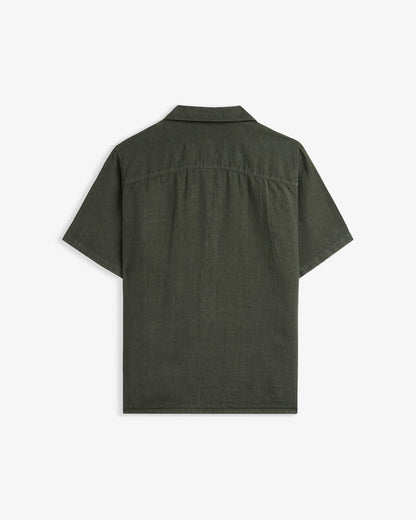 The Holiday Linen SS Shirt in dark khaki — back view against a white background