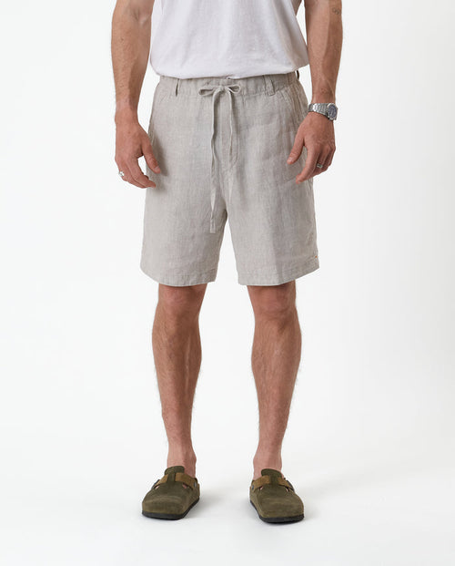 The Holiday Linen Short in natural — front view featuring a drawstring waist