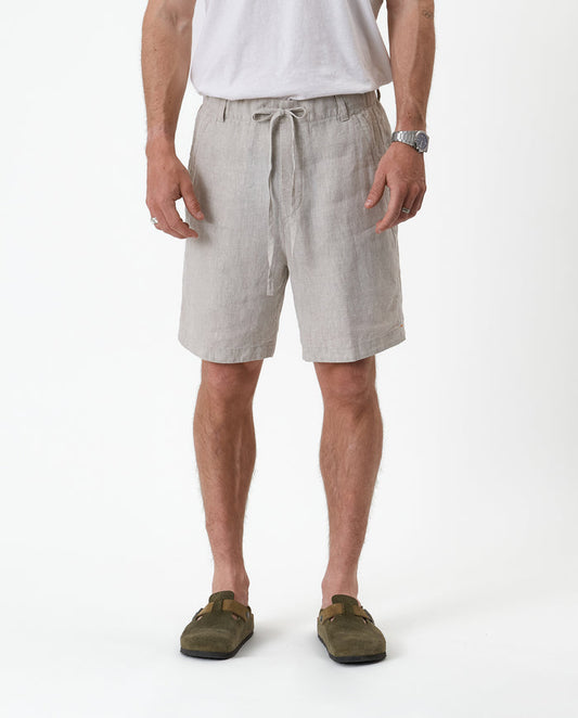 The Holiday Linen Short in natural — front view featuring a drawstring waist