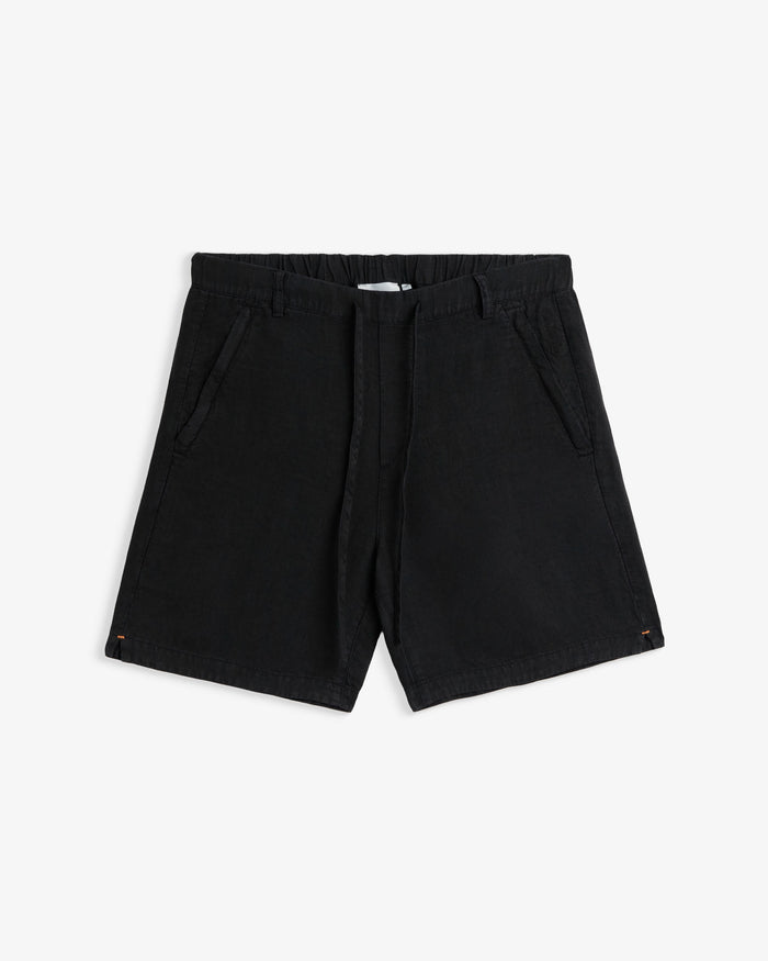 The Holiday Linen Short in black — front view featuring drawstrings and side pockets