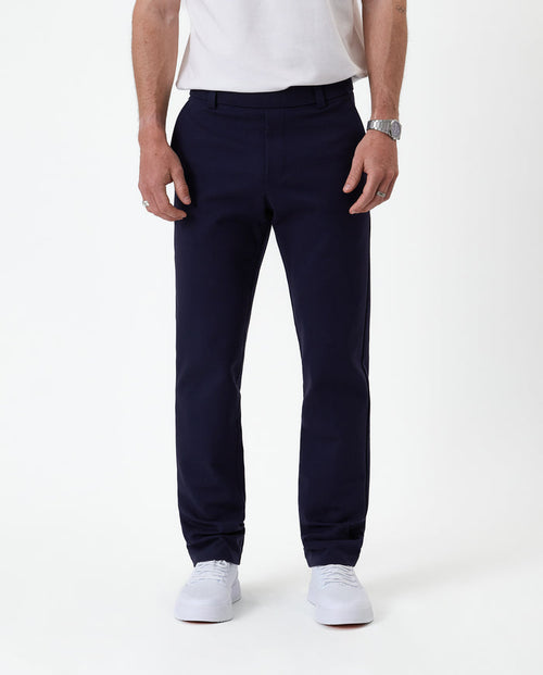 The Proper Pant Regular Fit in navy — front view showing the straight leg silhouette