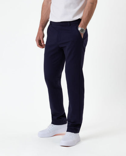 The Proper Pant Regular Fit in navy — side view showing the straight leg silhouette