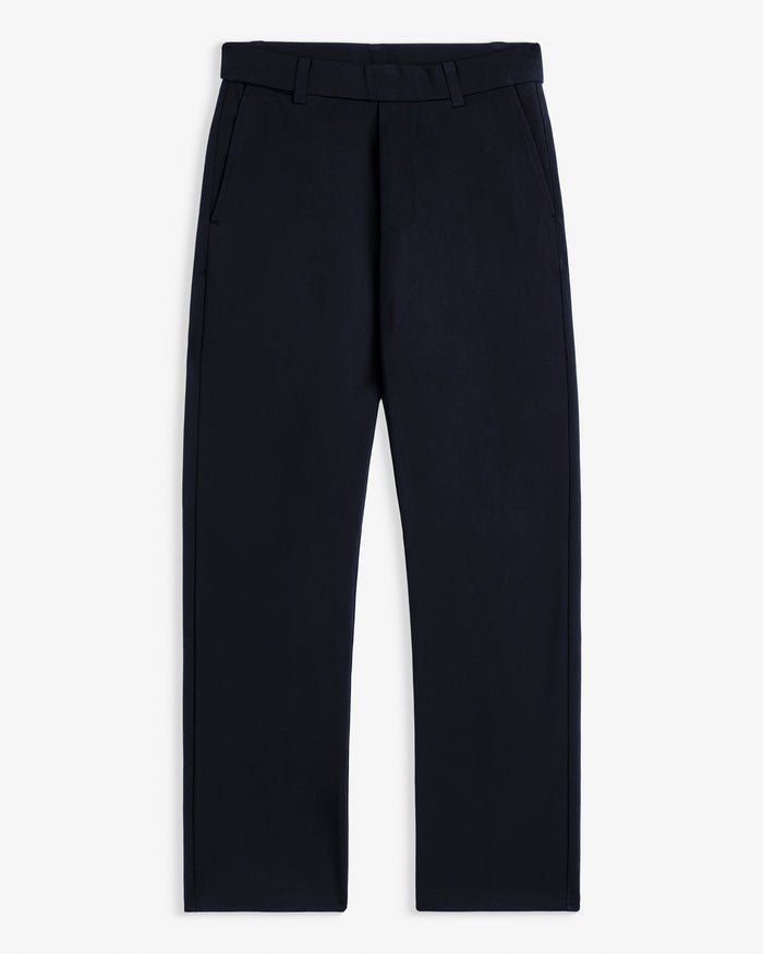 The Proper Pant Relaxed Straight Fit in navy — front view laid flat