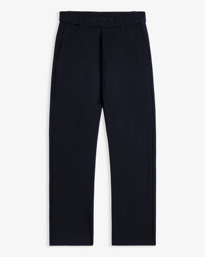 The Proper Pant Relaxed Straight Fit in navy — front view laid flat