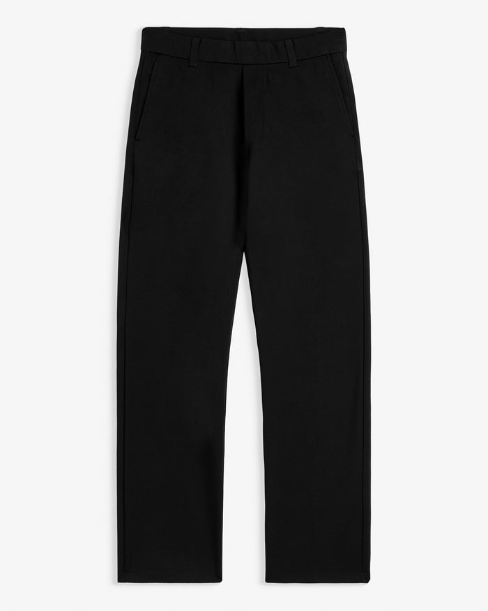 The Proper Pant Relaxed Straight Fit in black — laid flat without drawcords.