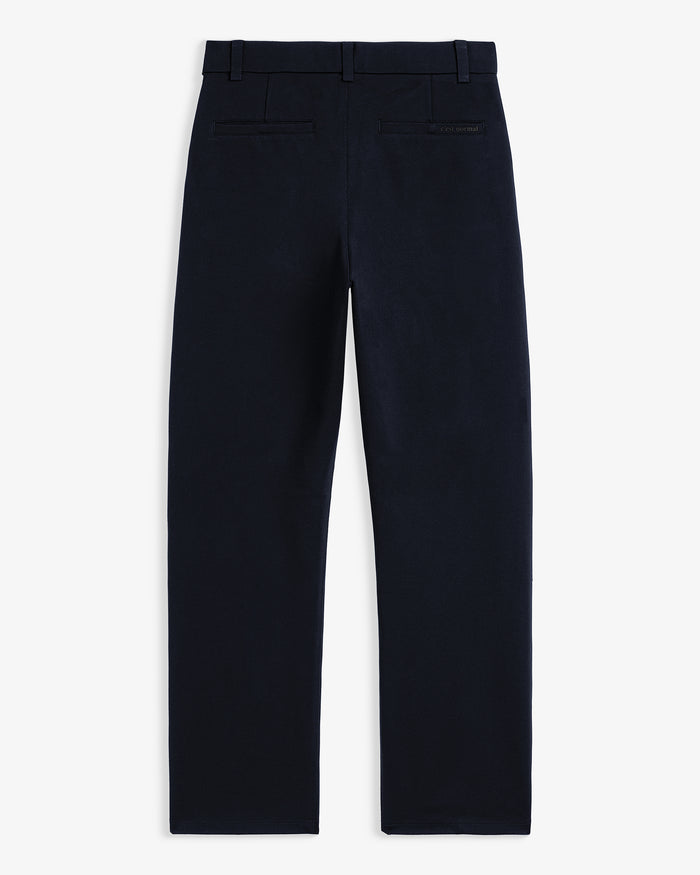 The Proper Pant Relaxed Straight Fit in navy — laid flat showing back pockets