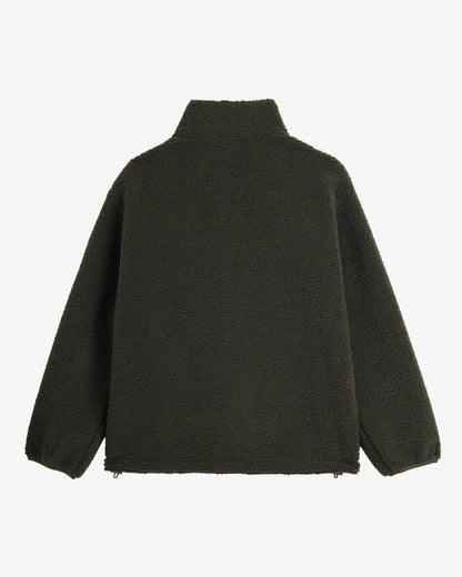 A back view of The Reversible Pile Jacket in forest green, laid flat on a white background. The image highlights the cozy pile fleece side and the adjustable cinch cord at the hem.