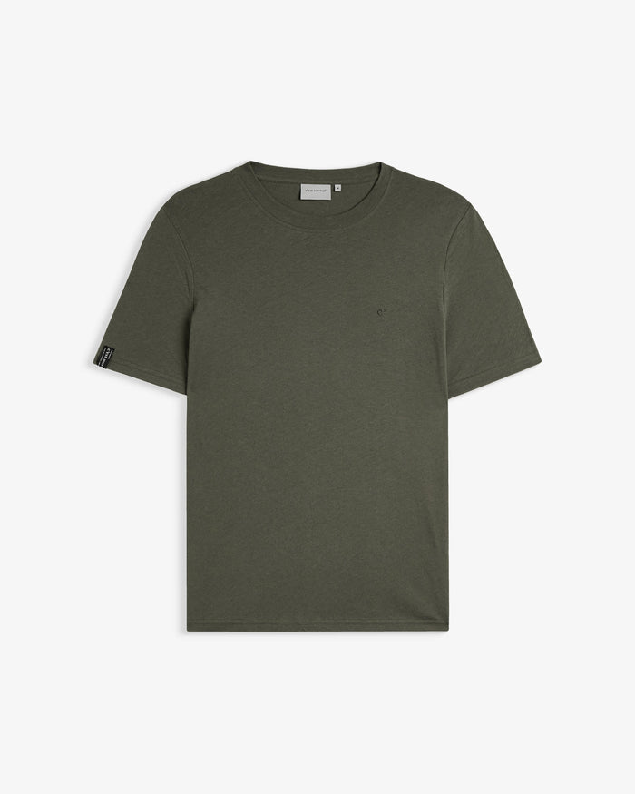 The Sanremo Linen Tee in Mulled Green — front view with tonal chest embroidery