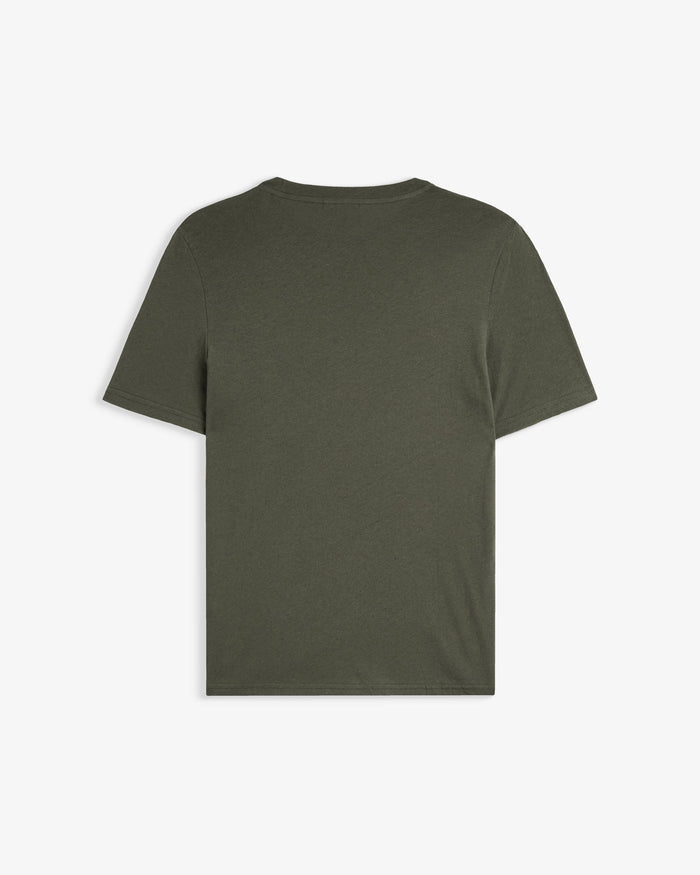 The Sanremo Linen Tee in Mulled Green — back view showing the clean rib collar