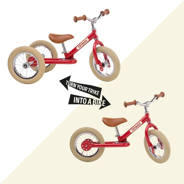 Vintage Red Trybike 12 inch spoked steel wheels with pneumatic tyres
