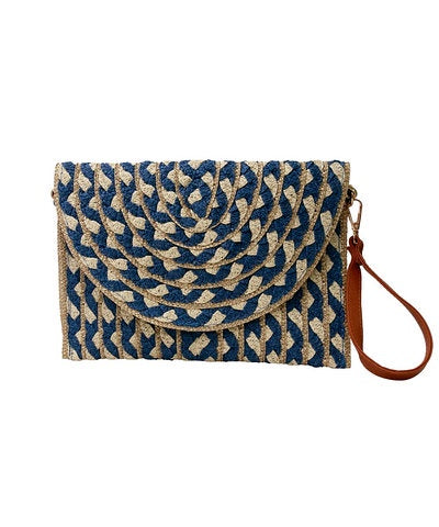 Two Tone Gold Detail Straw Clutch in Navy