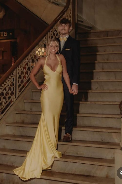 V-neck Yellow Mermaid Long Dress with Train