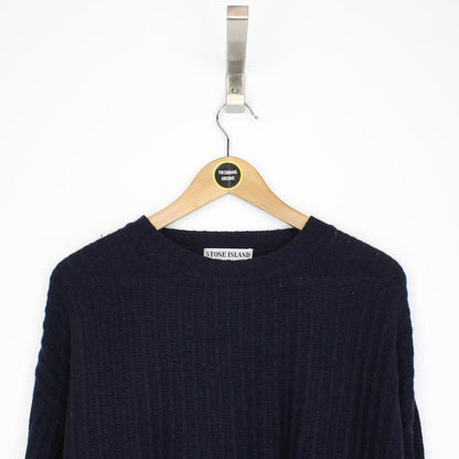 Vintage 1992 Stone Island Navy Blue Ribbed Green Edge Badge Wool Knit Jumper
