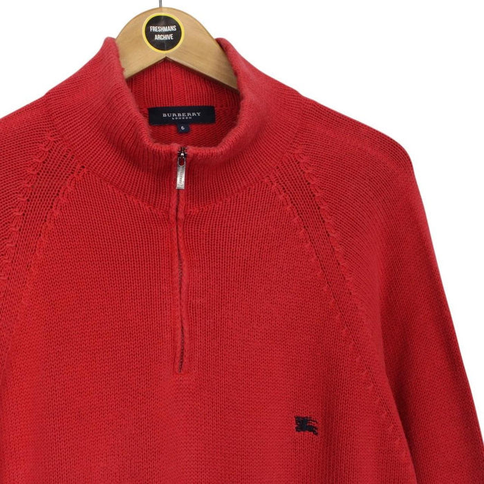 Vintage Burberry London Red Cotton Knit 1/4 Zip Jumper