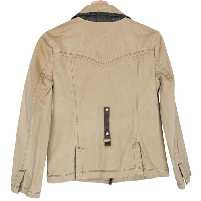 Burberry tan brown denim jacket with logo patch and visible stains, vintage style.