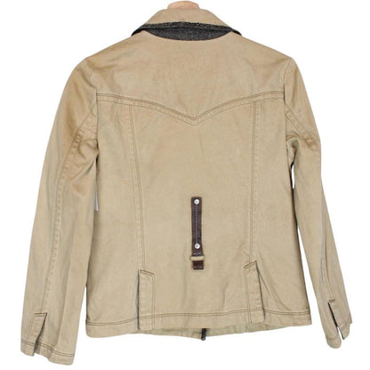 Burberry tan brown denim jacket with logo patch and visible stains, vintage style.