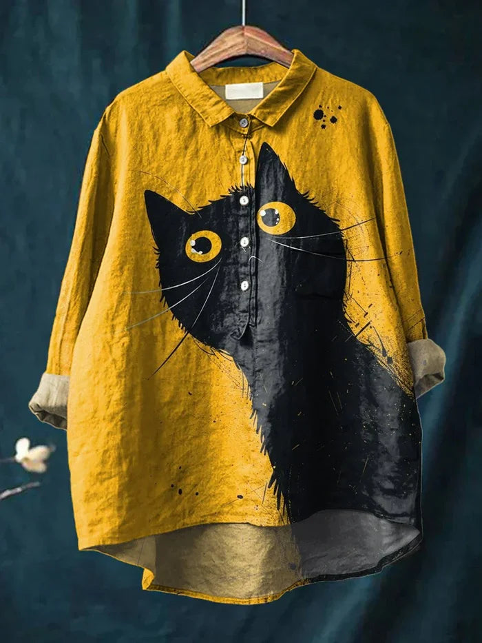 Vintage Lovely Cat Art Print Casual Cotton Shirt