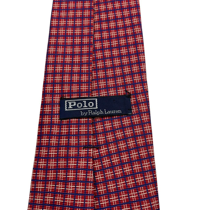 Polo Ralph Lauren red check silk tie with classic pattern and logo detail.