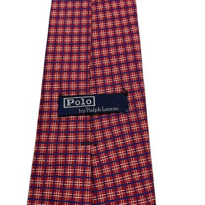 Polo Ralph Lauren red check silk tie with classic pattern and logo detail.