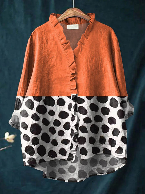 Women's Abstract Dot Pattern Art Print Casual Cotton Ruffle Shirt