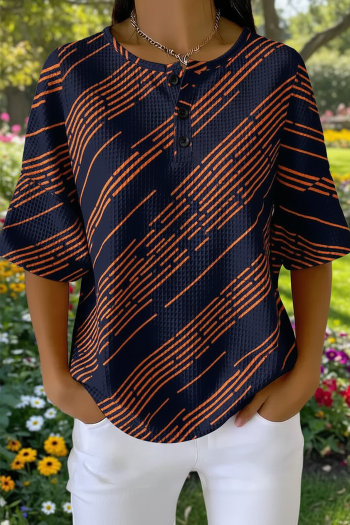 Women's Black Orange Abstract Line Art Pattern Print Casual Waffle Cotton Shirt