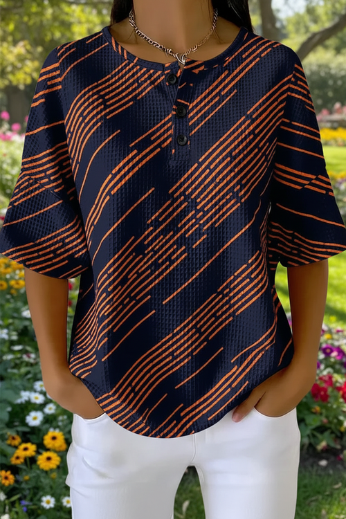 Women's Black Orange Abstract Line Art Pattern Print Casual Waffle Cotton Shirt