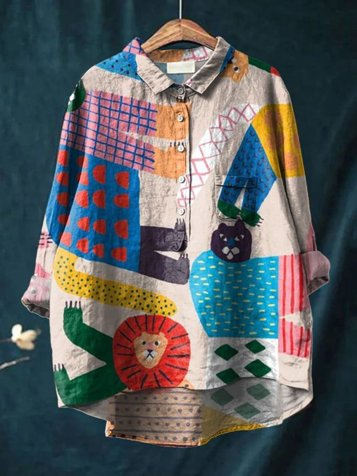 Women's Cartoon Colourful Animals Print Casual Cotton Shirt