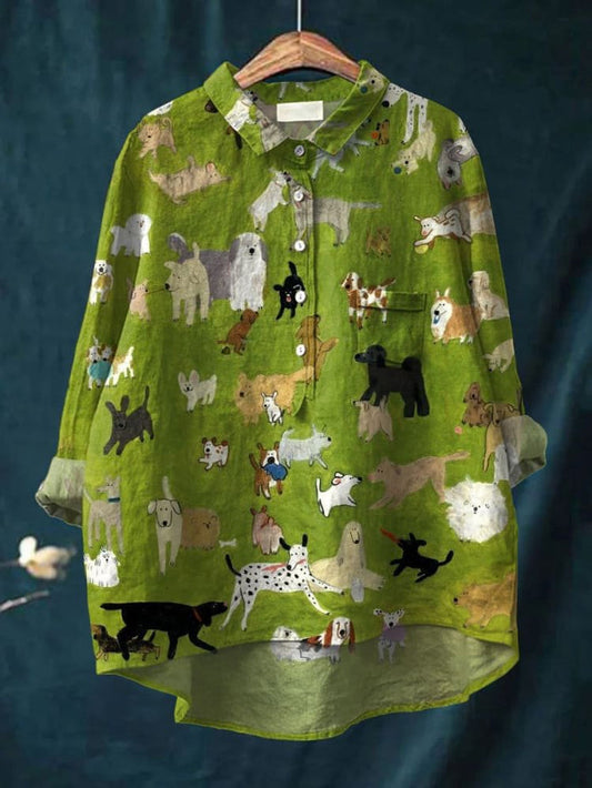Women's Cute Dog Art Print Casual Cotton Shirt
