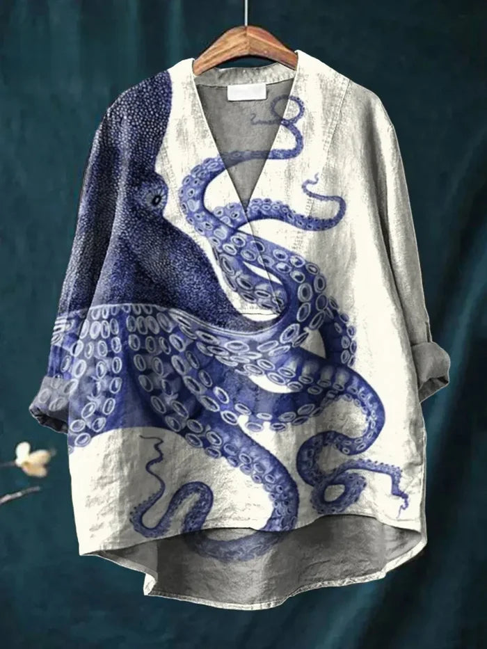 Women's Deep Sea Octopus Tentacles Retro Art Print Casual Cotton V-neck Shirt