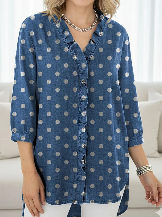 Women's Dots Print Casual Ruffled Denim Shirt